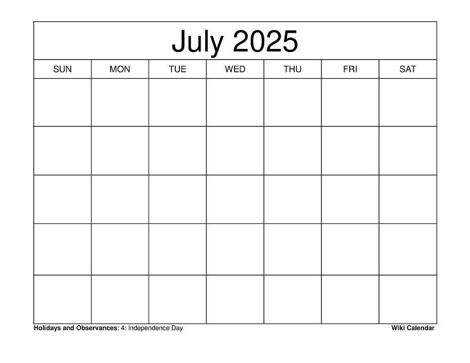 Blank July 2025 calendar from wiki-calendar.com