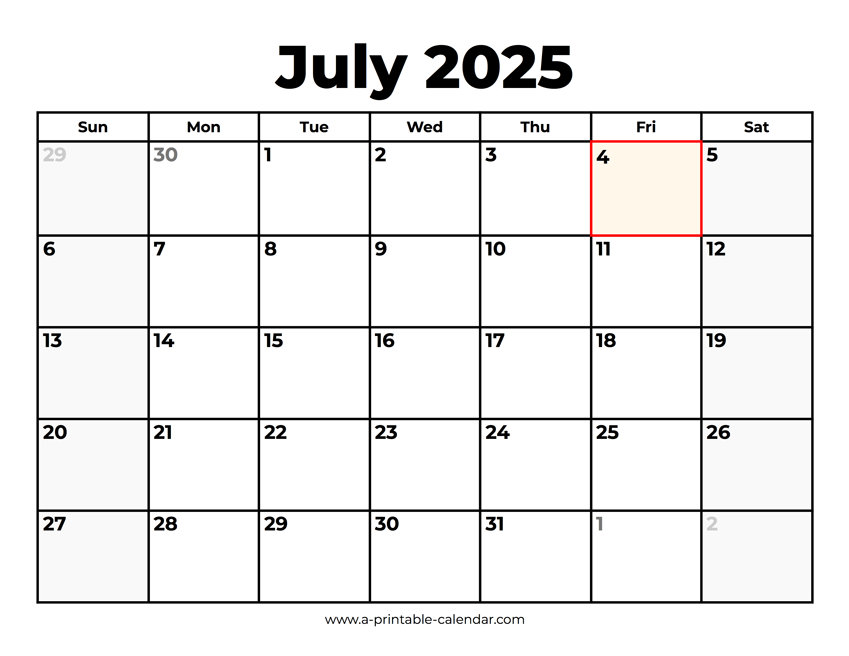 July 2025 calendar with holidays from a-printable-calendar.com