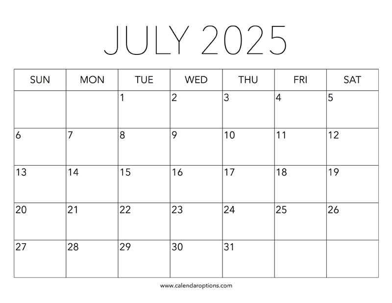 Printable July 2025 calendar from calendaroptions.com