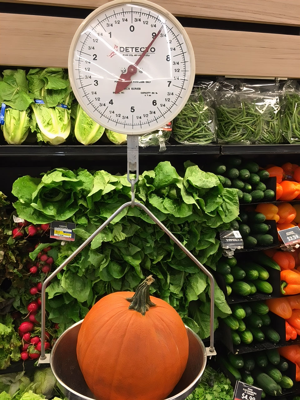 A pumpkin weighted with a hanging scale in the produce section of an American supermarket.